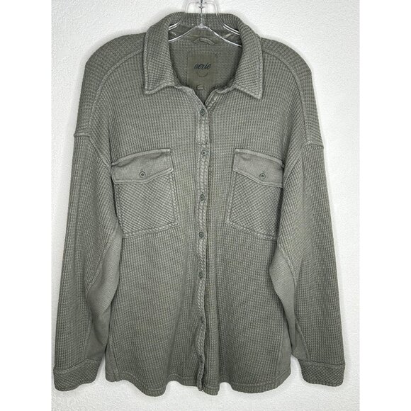 Aerie Lumberjane Shirt Womens M Sage Green Waffle Knit Button Front Shacket - Picture 1 of 12